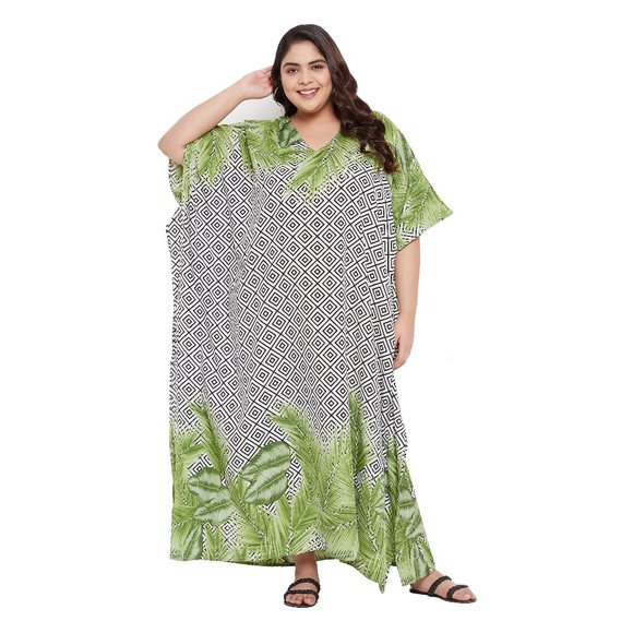 Gypsie Blu Leaf & Geometric Printed Plus Size Kaftan Dress Stylish Maxi Dresses - Picture 4 of 8